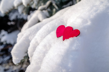 Fototapeta premium Two red hearts lie on the snow 