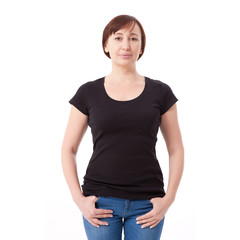 Shirt design and people concept - close up of woman in blank black t-shirt front isolated. Clean empty mock up template for design.