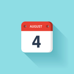 August 4. Isometric Calendar Icon With Shadow.Vector Illustration,Flat Style.Month and Date.Sunday,Monday,Tuesday,Wednesday,Thursday,Friday,Saturday.Week,Weekend,Red Letter Day. Holidays 2017.