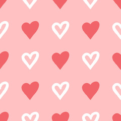 Repeated silhouettes and contours drawn heart brush. Seamless pattern.