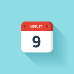 August 9. Isometric Calendar Icon With Shadow.Vector Illustration,Flat Style.Month and Date.Sunday,Monday,Tuesday,Wednesday,Thursday,Friday,Saturday.Week,Weekend,Red Letter Day. Holidays 2017.