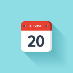 August 20. Isometric Calendar Icon With Shadow.Vector Illustration,Flat Style.Month and Date.Sunday,Monday,Tuesday,Wednesday,Thursday,Friday,Saturday.Week,Weekend,Red Letter Day. Holidays 2017.