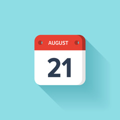 August 21. Isometric Calendar Icon With Shadow.Vector Illustration,Flat Style.Month and Date.Sunday,Monday,Tuesday,Wednesday,Thursday,Friday,Saturday.Week,Weekend,Red Letter Day. Holidays 2017.