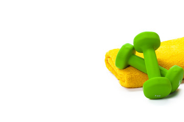 Fitness equipment. Healthy food. dumbbells