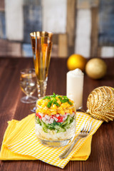 crabsticks cucumber salad in a glass on a table, selective focus, copy space