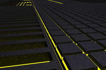 Futuristic technological or industrial background made from metal grates with glowing lines and elements