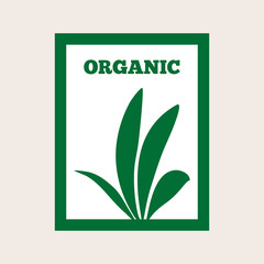 Silhouette of plant in a rectangular frame. Text Organic. Green logo.