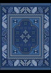 Vintage carpet with ethnic ornament in blue and bluish shades
