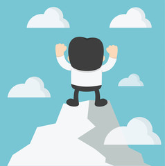 Businessman hands up on hilltop with joy