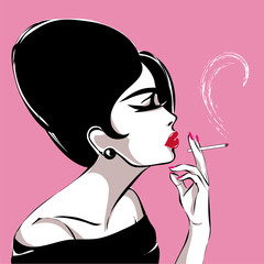 Retro black and white fashion woman profile portrait, smoking girl vector illustration - 134325778