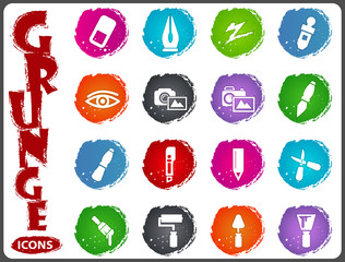 Art tools icons set in grunge style