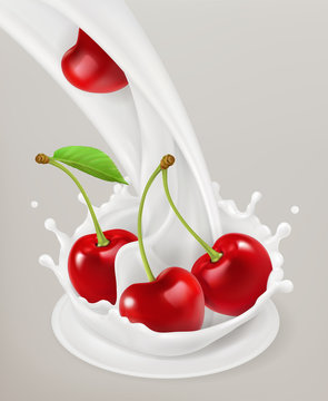 Milk splash and cherry. 3d vector object. Natural dairy products