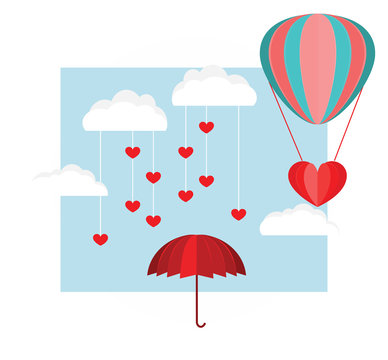 Hot air balloon and umbrella romantic vector. Love concept illustration. Paper cut out folded. Valentines day background. design.