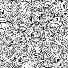 Cartoon cute doodles hand drawn Indian culture seamless pattern