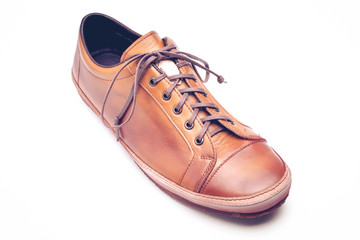 man leather brown shoes on white background.