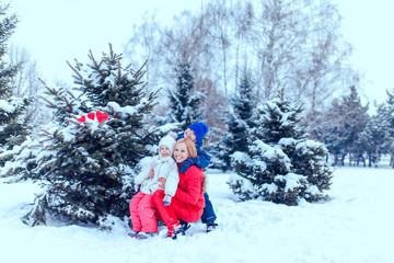 Fototapeta na wymiar happy family with dog in winter park