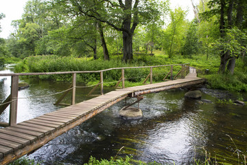 Fototapeta na wymiar Summer forest landscape withthe wooden bridge through a stream and a footpath along the coast.