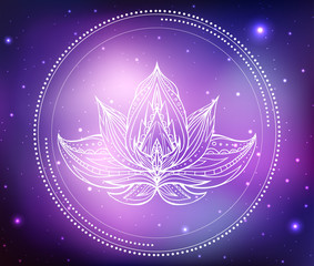 Fototapeta na wymiar Vector neon illustration of lotus with boho pattern, background space with stars and nebula. Spiritual, magical illustration for your creativity