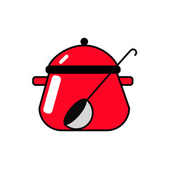 Red pan with a ladle. Vector Linear flat