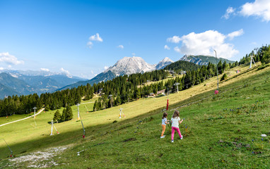 Naklejka premium Children - twin girls are hiking in the mountains.