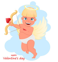 Cupid baby holding a bow with heart-shaped arrow. Happy Valentines day greeting card or poster. Cartoon vector illustration