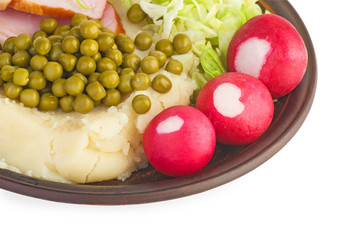 Mashed potato with ham and vegetables