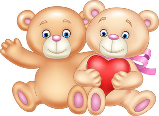 Illustration of cute couple of teddy bear hugging heart