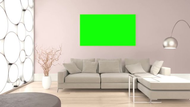 Living room with empty at green screen on picture frames