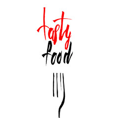 Banner of fork with text 'tasty food' isolated on white. Background for restaurant menu. Symbol of cafe.