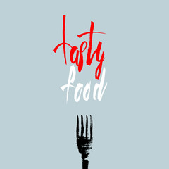 Banner of fork with text 'tasty food'. Background for restaurant menu.