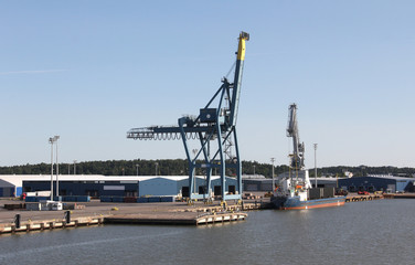 Cargo cranes in the seaport on white background