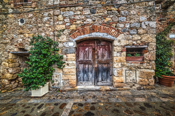 plants and wooden door in Monteriggioni