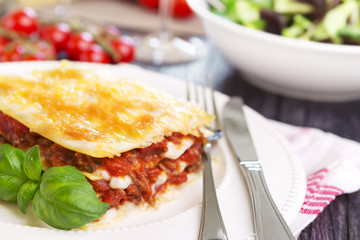 Portion of homemade lasagna on a plate