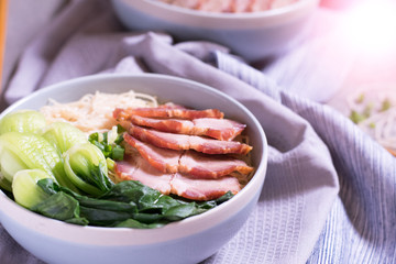 Instant noodles with shiitake mushrooms, pepper and onion in a b