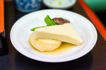 Japanese food of tofu with mushroom and string bean