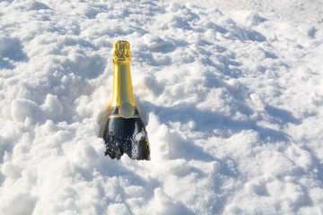 Bottle of champagne is sticking out from snow.
