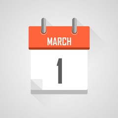 March 1, calendar icon with flat design on grey background.