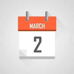 March 2, calendar icon with flat design on grey background.