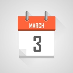 March 3, calendar icon with flat design on grey background.