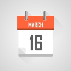 March 16, calendar icon with flat design on grey background.