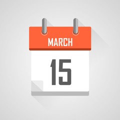 March 15, calendar icon with flat design on grey background.