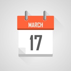 March 17, calendar icon with flat design on grey background.