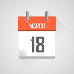 March 18, calendar icon with flat design on grey background.