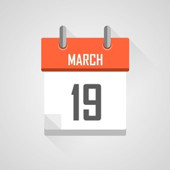 March 19, calendar icon with flat design on grey background.