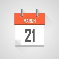 March 21, calendar icon with flat design on grey background.