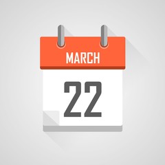March 22, calendar icon with flat design on grey background.