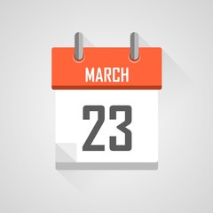 March 23, calendar icon with flat design on grey background.