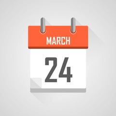 March 24, calendar icon with flat design on grey background.