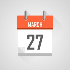 March 27, calendar icon with flat design on grey background.