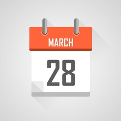 March 28, calendar icon with flat design on grey background.